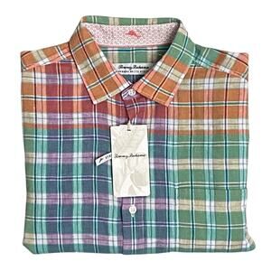 Tommy Bahama Shirt Men's Medium "Barbados Breeze Stretch" Plaid Linen Blend NEW